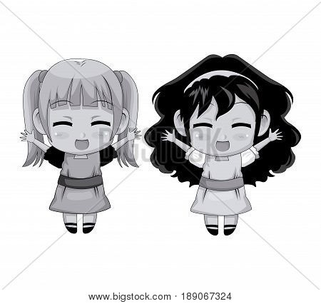 monochrome full body couple cute anime girl facial expression smile and jump vector illustration