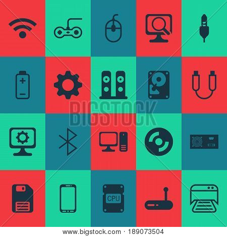 Hardware Icons Set. Collection Of Hdd, Portable Memory, Blank Cd And Other Elements. Also Includes Symbols Such As Desktop, Detection, Wireless.