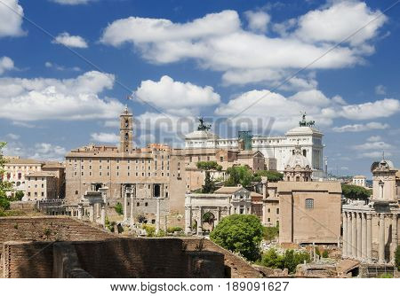 Roman Forum and Capitol Hill seen from Palatine Hill in the historic center of Rome