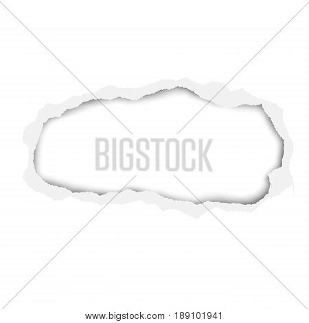 Snatched hole in white paper sheet. Edges of the hole have soft shadow. Template paper design.