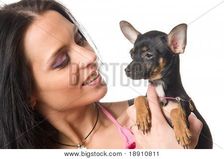 Fiatal lány az ő toyterrier kiskutya