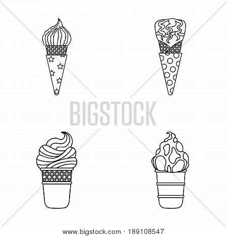 Ice cream on a stick, in a waffle cone and other species. Ice cream set collection icons in outline style vector symbol stock illustration .