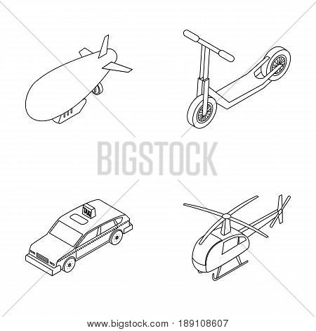 A dirigible, a children s scooter, a taxi, a helicopter.Transport set collection icons in outline style vector symbol stock illustration .