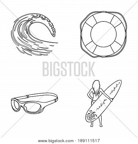 Oncoming wave, life ring, goggles, girl surfing. Surfing set collection icons in outline style vector symbol stock illustration .