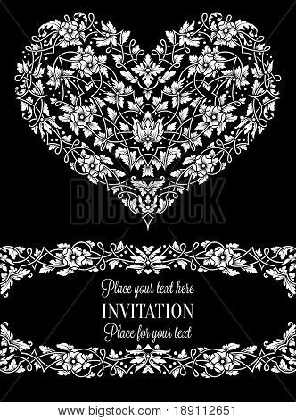 Floral Invitation Card With Antique, Luxury Black And White Vintage Frame And Big Ornamental Heart,v