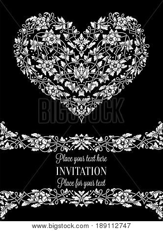 Floral Invitation Card With Antique, Luxury Black And White Vintage Frame And Big Ornamental Heart,v