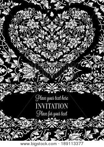 Floral Invitation Card With Antique, Luxury Black And White Vintage Frame And Big Ornamental Heart,v