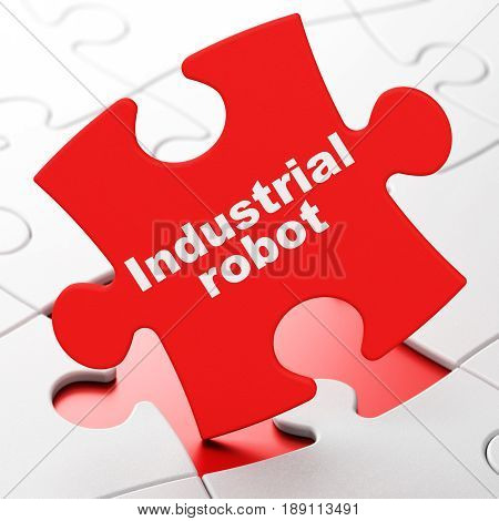 Manufacuring concept: Industrial Robot on Red puzzle pieces background, 3D rendering