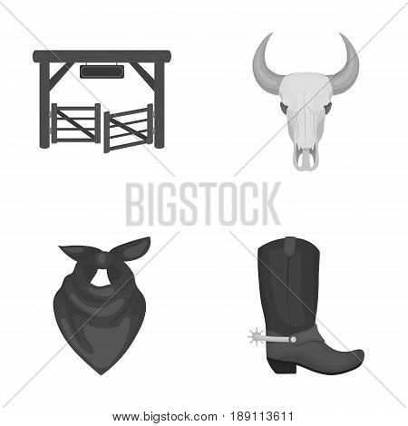 Gates, a bull s skull, a scarf around his neck, boots with spurs. Rodeo set collection icons in monochrome style vector symbol stock illustration .