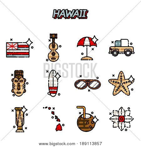 Hawaii flat icons set. Aloha Set concept. Vector illustration, EPS 10