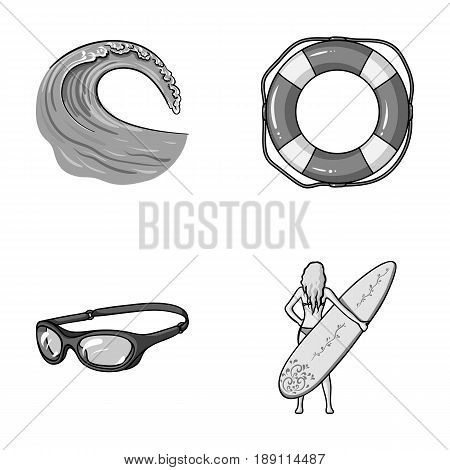 Oncoming wave, life ring, goggles, girl surfing. Surfing set collection icons in monochrome style vector symbol stock illustration .