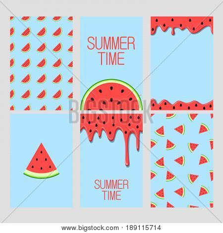 Set of bright cards. Set of watermelon on blue background. Juicy bright segments of watermelon seamless pattern, background, card, poster.  Watermelon's juice pattern, background. Template for design