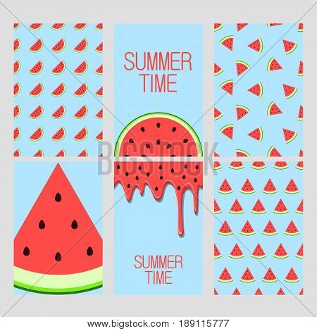 Set of bright cards. Set of watermelon on blue background. Juicy bright segments of watermelon seamless pattern, background, card, poster.  Watermelon's juice pattern, background. Template for design