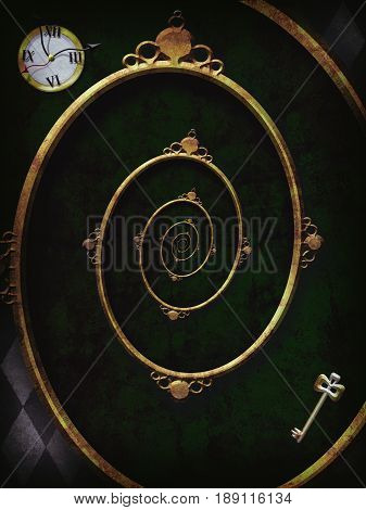 Alice in wonderland. Spiral frame. Illustration Droste Effect. 3D Iillustration
