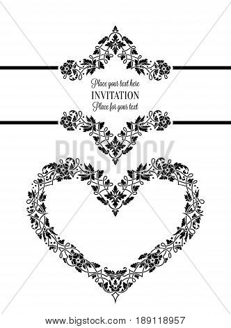 Floral Invitation Card With Antique, Luxury Black And White Vintage Frame And Big Ornamental Heart,v