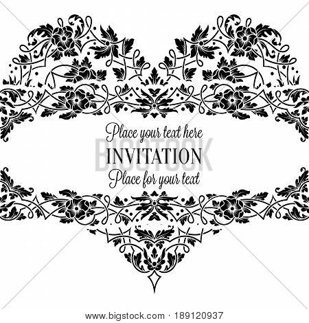 Floral Invitation Card With Antique, Luxury Black And White Vintage Frame And Big Ornamental Heart,v