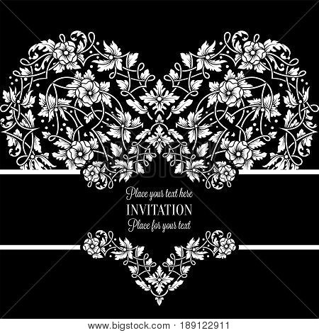 Floral Invitation Card With Antique, Luxury Black And White Vintage Frame And Big Ornamental Heart,v