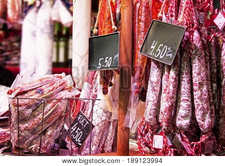 Meat on shopwindow at the european market