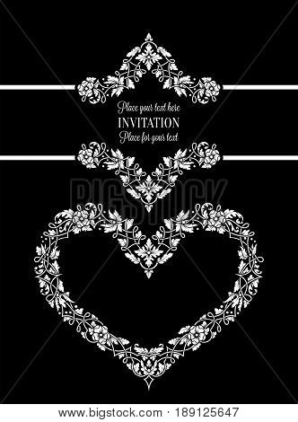Floral Invitation Card With Antique, Luxury Black And White Vintage Frame And Big Ornamental Heart,v