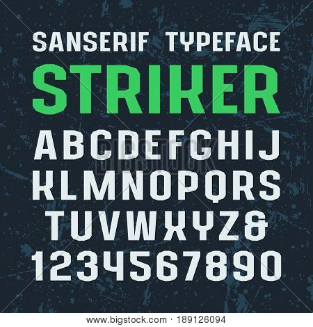 Sanserif font in sport style. Typeface design for titles and logos. Print on dark textured background