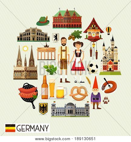 Vector Set of Various Germany Icons on a Circle Shape. Germany Travel Icons. Vector Illustration.