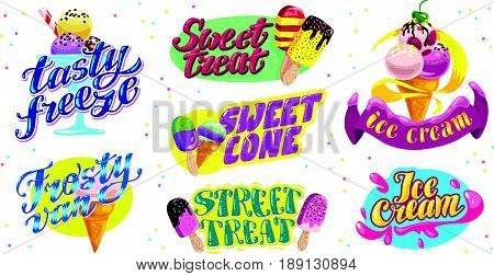 Vector flat collection of ice cream truck, store, shop and van logo design with lettering, hand written font and ice cream cone and eskimo icon isolated on white background. Tasty  dessert brand mark.