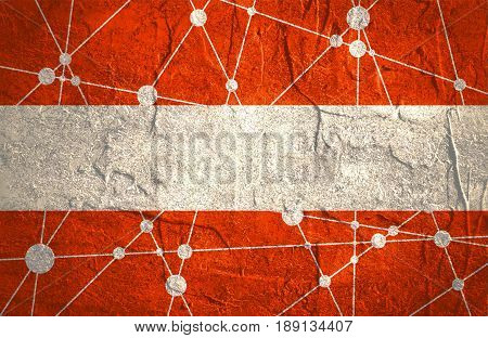 Flag of the Austria. Low poly concept triangular style. Molecule And Communication Background. Connected lines with dots. Concrete grunge texture.