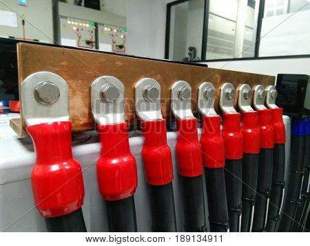 battery bank copper bus bar positive pole red in station battery bank ups