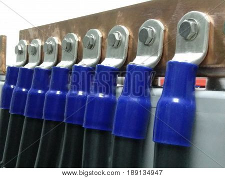 battery bank copper bus bar negative pole blue in station battery bank ups