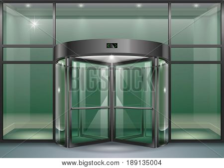 The facade of a modern shopping center or station an airport with revolving doors. Vector graphics