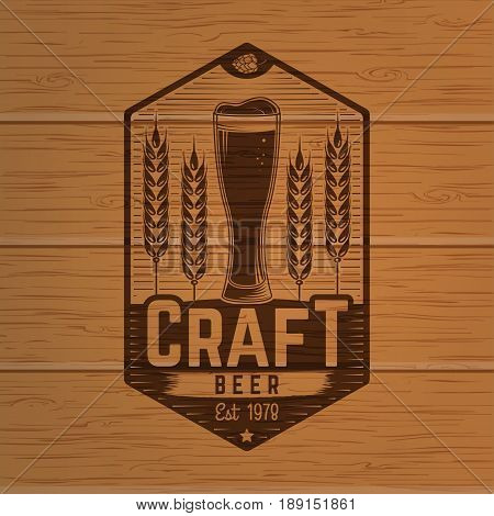 Craft Beer badge. Vector illustration. Vintage design for bar, pub and restaurant business. Photorealistic wood engraved craft beer design.