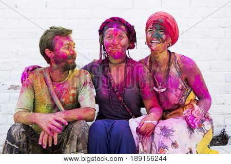 RISHIKESH, INDIA - MARCH 17, 2014 - people celebrating holi