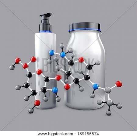 bottles with hyaluronic acid, advertising design template cosmetics. 3d Rendering