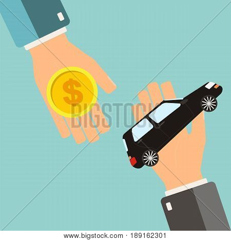 Car rental or sale concept. Hand holding car another hand holding money. Vector illustration.