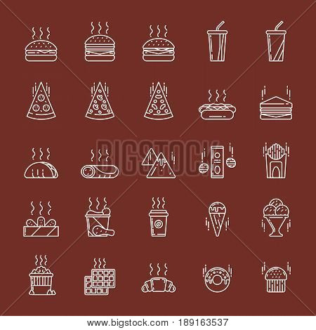 Illustrations set of junk and fast food on colored background