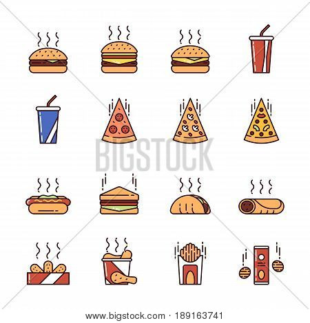 Illustrations set of junk and fast food on colored background