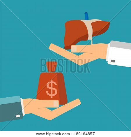 Concept of organ transplant. Buying liver. Hand holding human liver buyer holding money.