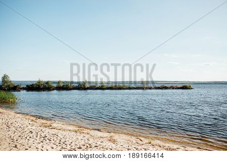 Panorama sunset, landscape in summer. Beach of sand