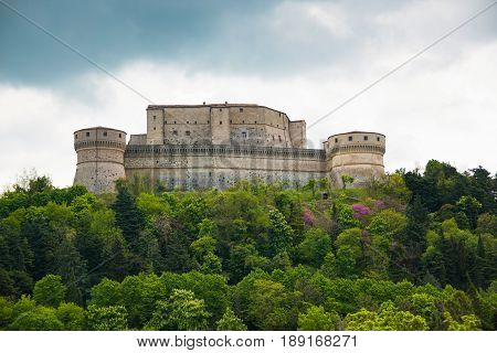 Medieval old fortress of in San Leo town of the Marche regions in Italy next to Rimini