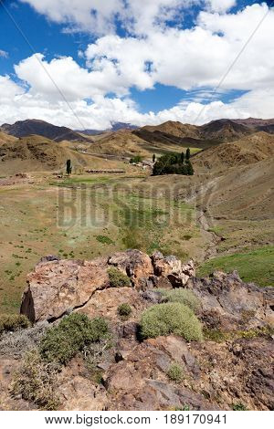Morocco, High Atlas Landscape. Valley near Marrakech on the road to Ouarzazate.Spingtime, sunny day. Africa.