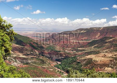 Morocco, High Atlas Landscape. Valley near Marrakech on the road to Ouarzazate.Spingtime, sunny day. Africa.