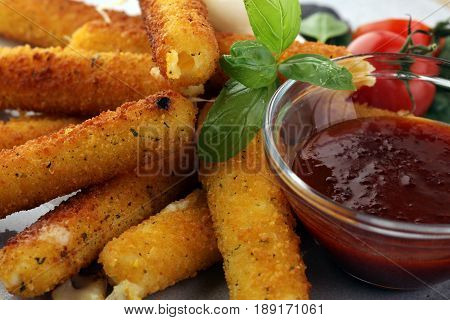 Breaded Mozzarella Cheese Sticks With Tomato Ketchup And Bbq Sauce