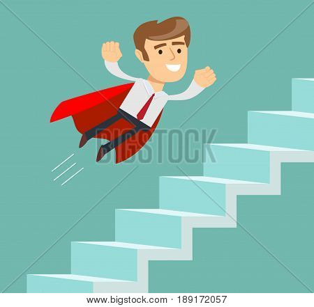 Flying Super businessman in red cape climbing stairs. Business competition concept.