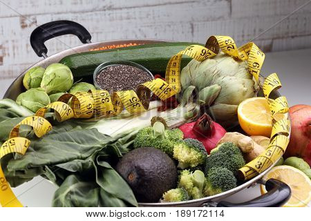 Vegetables, Fruit, Seeds, Cereals, Beans, Spices, Superfoods, Herbs, Condiment In Silver Pan For Veg