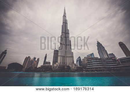 DUBAI UNITED ARAB EMIRATES - FEBRUARY 16 2017: Burj Khalifa tower. This skyscraper is the tallest man-made structure in the world measuring 828 m. Completed in 2009.