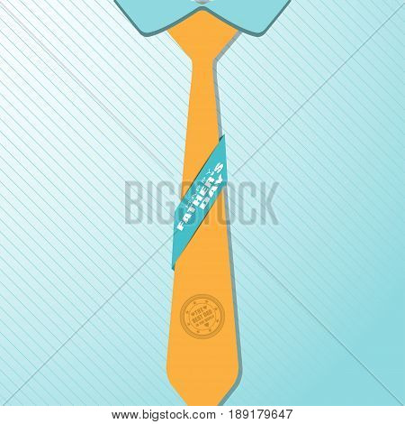 Vector poster of Happy Father's Day with shirt collar yellow tie silhouette text on the turquoise ribbon shadow on the gradient background with line pattern.