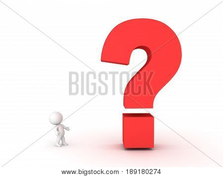3D Character looking up at big question mark symbol. Image conveying the idea of a mystery or an invenstigation or an query.