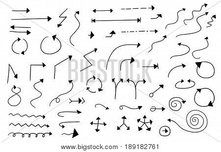 Set or collection of vector cartoon doodle hand drawn arrow symbols in black and white color