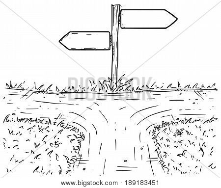 Vector cartoon doodle hand drawn crossroad with wooden direction sign with two arrows pointing left and right as decision arrows