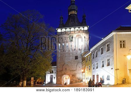 nignt at Unesco World Heritage Clock tower in Sighisoara Transylvania Romania